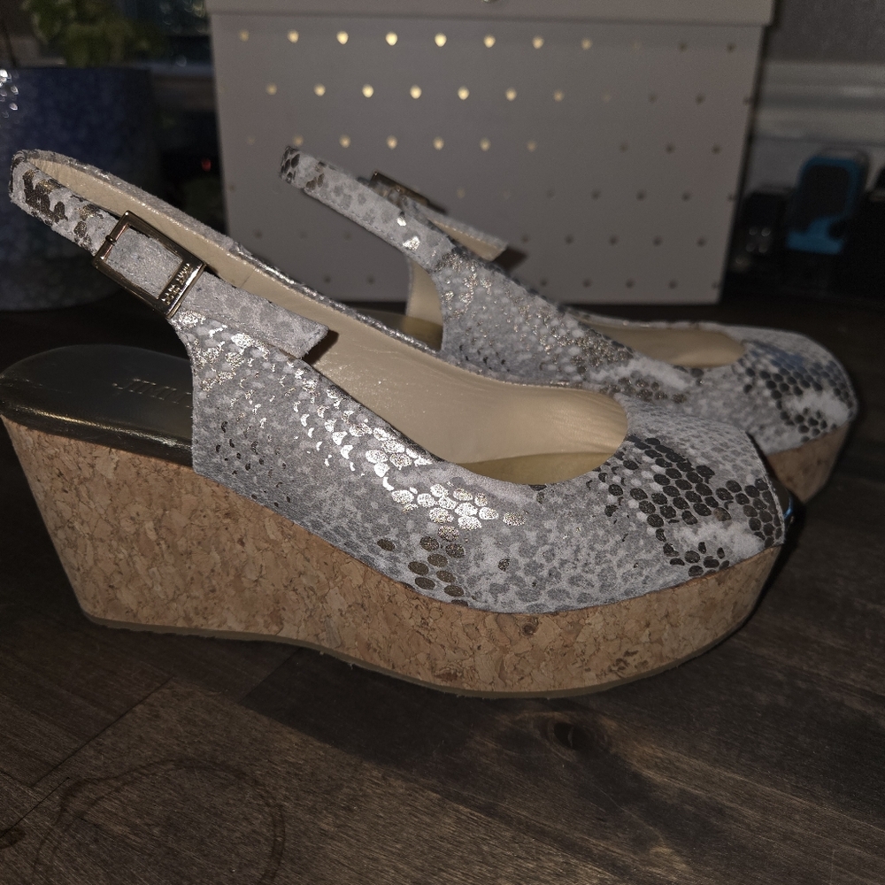 Jimmy Choo Womens Gray Gold Snake Peep Toe Wedge Slingback Heel Shoes Size US5